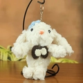 White plush bunny keychain with blue knitted bow and pearl tie on a metal stand - Around 18cm / Blue Accessories