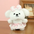 Cute white plush puppy doll wearing a pink floral dress and matching bow hair accessory - Pink Floral / 13cm