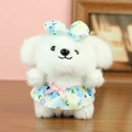 White plush dog toy with blue floral dress and bow, cute stuffed animal charm - Blue Floral / 13cm