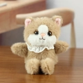 Cute light brown plush cat toy with white lace collar on a rustic wooden surface - Approx. 14cm / Brown