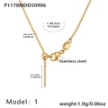 Detailed technical diagram of a golden stainless steel ball chain necklace with measurements - Gold Color Ball Chain Necklace (P1178-1)