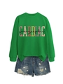 Detail of green crewneck sweatshirt featuring CARDIAC sonographer print and denim shorts - S / Grass Green Sweatshirt (Black Pattern)