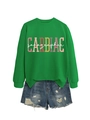 Flat lay of green CARDIAC sonographer sweatshirt paired with distressed denim shorts - S / Grass Green Sweatshirt (White Pattern)