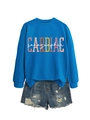 Close-up of cardiac sonographer print on blue crewneck sweatshirt with ribbed cuffs - Lake Blue Sweatshirt (White Pattern)