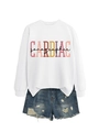Detail of Cardiac Sonographer print on white sweatshirt with distressed denim shorts - White Sweatshirt (Black Text Pattern)