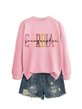 Detail of pink crewneck sweatshirt featuring CARDIAC Sonographer lettering and rib cuffs - Pink Sweatshirt (Black Text Pattern)