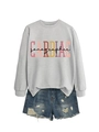 Detail of Cardiac Sonographer print on grey sweatshirt paired with blue denim shorts - Grey Sweatshirt (Black Text Pattern)