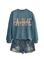 Detail of Cardiac Sonographer sweatshirt with crewneck and distressed denim shorts set - Blue Sweatshirt (White Text Pattern)