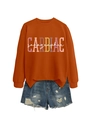 Detail of rust red crewneck sweatshirt with CARDIAC sonographer print and denim shorts - Burnt Orange Sweatshirt (White Pattern)