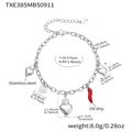 Pulsera de acero inoxidable con chile rojo esmaltado y colgantes de corazón - Pulsera DIY Color Acero (16+5cm)