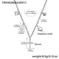 Collier en acier inoxydable argenté avec pendentifs croix en zircon, cœur et médaille - Collier / Acier