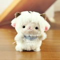 Cute white plush alpaca keychain with blue checkered bib and soft long fur texture - F Lamb