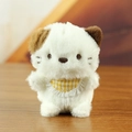 Cute white plush cat keychain with brown ears and a yellow checkered bib on wood - F Cat