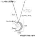 Silver stainless steel moon necklace with zircon pave and white pearl pendant detail - Silver Color Moon Pearl Necklace (TXP405)