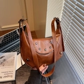 Brown vintage half-moon saddle bag with silver rivets and smooth texture wide strap - Brown