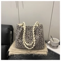 Macro view of leopard print tote bag fabric with thick woven rope handles on textured surface - Without Pendant / Off White