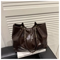 Minimalist deep brown oil wax leather tote bag with gold chain and large capacity - Brown