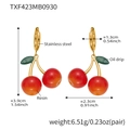 Detailed view of cherry earrings with dimensions and stainless steel material info - Orange-Red Cherry Earrings (TXF423) / Gold