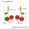 Detailed dimensions of cherry drop earrings with red resin beads and green leaves - Bright Red Cherry Earrings (TXF423) / Gold