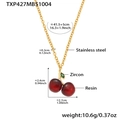 Detail showing dimensions of red resin cherry pendant on gold stainless steel chain - Cherry Necklace