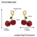 Detail of red resin cherry earrings with green zircon leaves and stainless steel hooks - Cherry Earrings
