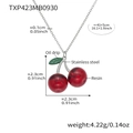 Cute cherry pendant necklace with red resin fruits and green leaves on silver chain - Dark Red Cherry Necklace (TXP423) / 41+5cm / Steel