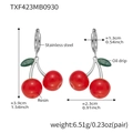 Cute red cherry earrings made of stainless steel and resin with green leaf detail - Bright Red Cherry Earrings (TXF423) / Steel