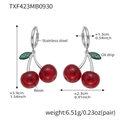 Resin red cherry drop earrings with stainless steel hooks and green leaves - Dark Red Cherry Earrings (TXF423) / Steel