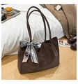 Detail of dark brown suede tote bag with stylish black and white Paris print scarf accent - Coffee