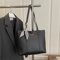 Elegant black matte tote bag for women with gold logo and patterned silk scarf handle - Black