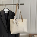 Creamy beige large tote bag with dark brown straps and geometric pattern silk scarf - White