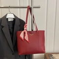 Red large capacity faux leather tote bag with decorative silk scarf on handle - Red
