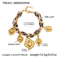 Bracciale con ciondoli a cuore dorati, foulard in seta leopardata e catena in acciaio inox - TXE421-3 Bracciale Oro-13+3cm