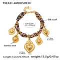 Bracciale a catena in acciaio inox con nastro leopardato e ciondoli a cuore dorati - TXE421-4 Bracciale Oro-14+3cm