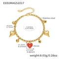 Detailed view of a gold stainless steel heart charm bracelet with size measurements - Red Enamel Star Heart Charms (E691)