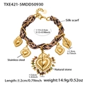 Bracciale a catena dorata in acciaio con foulard leopardato e ciondoli a cuore - TXE421-5 Bracciale Oro-13+3cm