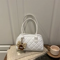 Quilted white shoulder bag with classic diamond pattern and cute brown plush charm - White with Pendant