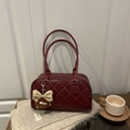 Deep red quilted rhombus tote bag with plush monster charm on textured scarf - Red with Pendant