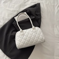 White quilted faux leather bowling bag with long handles and golden hardware - No Pendant / White