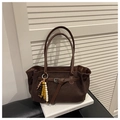 Detail of dark brown faux suede tote bag with ethnic bead fringe and metal buckle - Coffee with Pendant