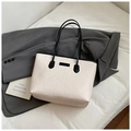 Beige oversized tote bag with embossed cartoon patterns and black slim shoulder straps - Beige/Black
