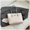 Large beige tote bag with light green trim and embossed cartoon patterns for women - Beige and Green
