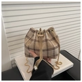 Detail of wool bucket bag with gold chain strap and elegant pearl drawstring accents - Khaki