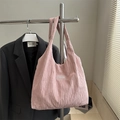 Pink large capacity striped tote bag with pleated texture and fashion label - Pink