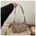 Minimalist khaki glossy faux leather hobo shoulder bag with silver buckle detail - Khaki
