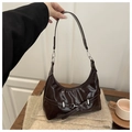 Deep brown patent leather hobo bag with silver buckle and glossy finish for women - Brown