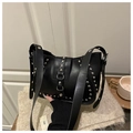 Black matte crescent hobo bag with silver studs and wide grommet shoulder strap - Black