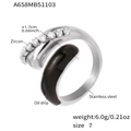 Bague ouverte en acier argenté avec zircons et design goutte d'huile noire - US 7 / Bague Email Noir et Acier (A658)