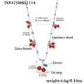 Collana con ciondolo a ciliegia in perle di vetro rosso e zircone verde su catena acciaio - Collana Argentata 39+5cm