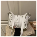 Retro white leather shoulder bag with silver rivet studs and wide strap - White
